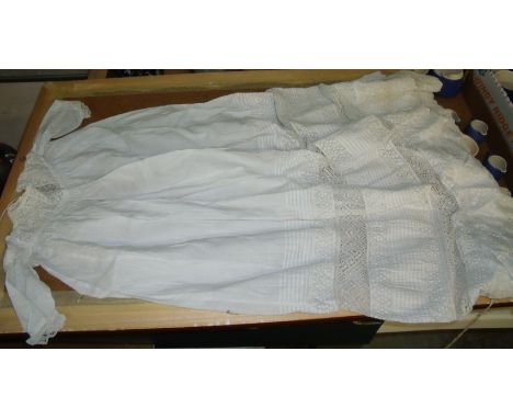 Selection of Victorian child's night dresses, Victorian cotton christening gown with l;ace and embroiderie anglaise, chamber 
