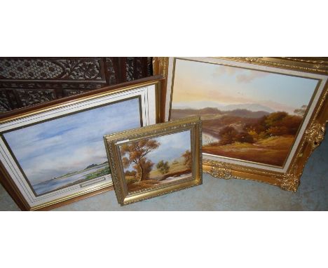 Small gilt framed oil on canvas depicting wooded landscape with river to foreground and mountains to rear size approx. 29cm x