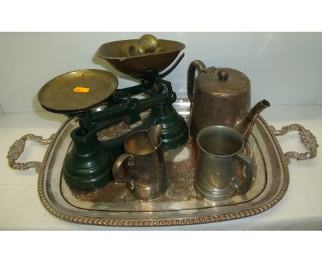 Silver plated twin handled tray, silver plated teapot and milk jug, set of scales and small pewter tankard