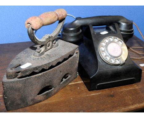 Vintage black telephone and flat iron (2)