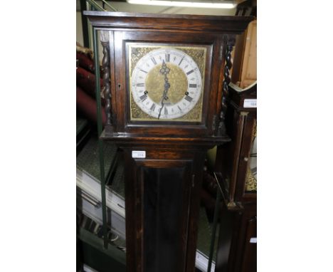 Oak cased grandmother clock with brass and steel face marked Henderson's 