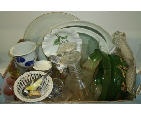 Box of assorted glass and ceramics including Copenhagen puppies, cut glass decanter, glass elephants etc.