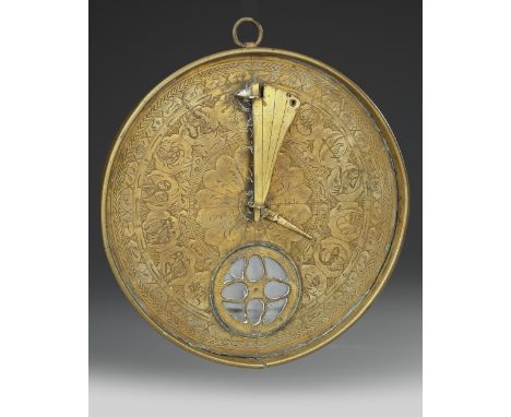 The lid opening, the face engraved with astrological signs. Folding engraved string with engraved tables on underside and fac