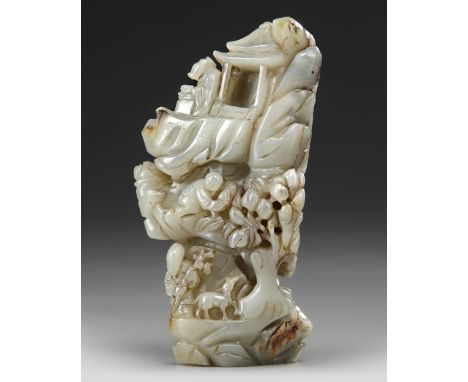 A Chinese jade boulder, well carved at the top with a scholar seated beside a pavilion, the lower part carved with children w