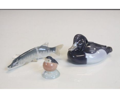 Three Royal Copenhagen ceramic Animals to include; Pike, Duck &amp; Robin, with the Pike approx 13cm long