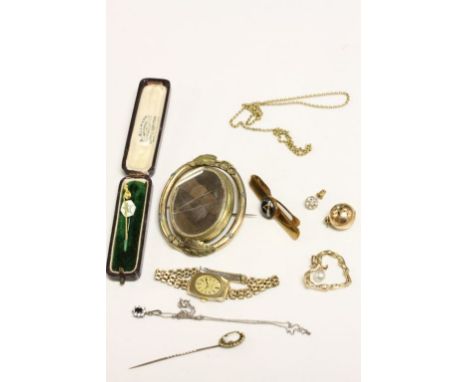 Small collection of vintage Jewellery to include Mourning Brooch with hair &amp; Photo, 9ct Gold ladies Caravelle Watch, pend