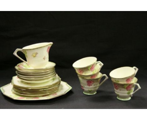 Art Deco ' Royal Paragon ' Part Tea Service decorated with flowers and butterflies including 5 Tea Cups, 6 Saucers, 6 Tea Pla