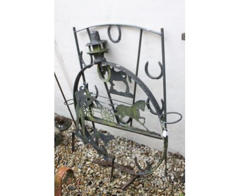 Metal Weather Vane with Man and Gundog design, Wrought Iron Panel with Shire Horse and Horse Shoe Design, 115cms high, Unusua