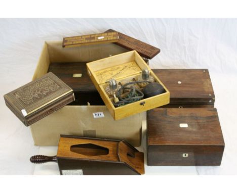 Three 19th century Rosewood Jewellery Boxes, Indian Sandelwood Jewellery Box, Wooden Card Dealer, Two Cribbage Boards and ano