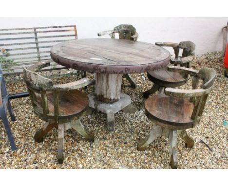 Large Wooden Iron Bound Circular Garden Table raised on a substantial tree trunk pedestal with platform base (made from an ol
