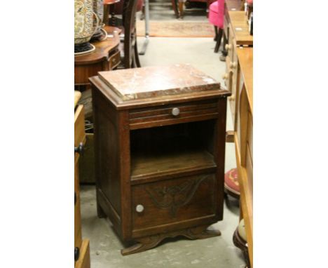 Early 20th century Oak Bedside Cabinet with Marble Top above Drawer, Pot Shelf and Cupboard, 71cms high x 49cms wide