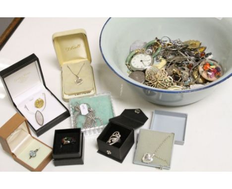 Enamel bowl of mixed Hallmarked Silver &amp; vintage Costume jewellery etc to include Silver Fob watch, necklaces, rings and 