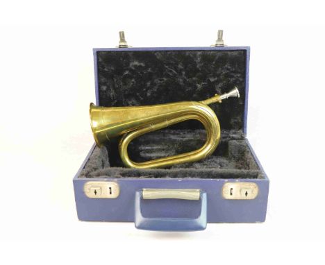 A Military Issued Barratts Brass Bugle Complete With Mouth Piece And Protective Case, Bugle Is Marked With The Broad Arrow.