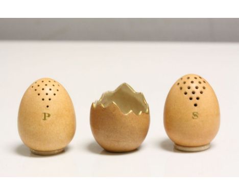 Macintyre Burslem ceramic three piece Cruet set designed as Chicken Eggs, with RD number 10586