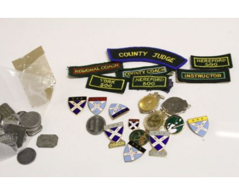 Collection of vintage Enamel &amp; other Archery Badges, patches etc plus a collection of vintage Church Communion tokens inc