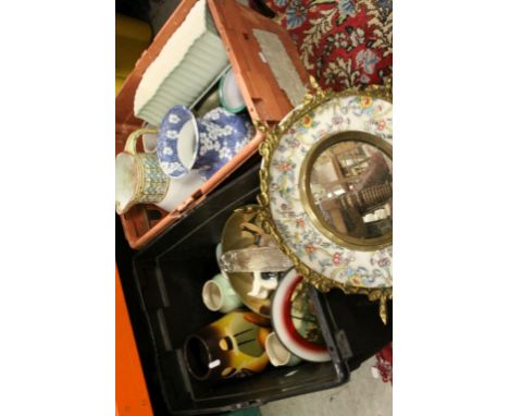 Two Trays of Mixed Ceramics including Vintage Artmaster Ceramic and Gilt Mounted Mirror, Jugs, Vases, etc