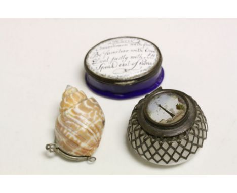 19th Century Bilston Enamel type Patch box with motto to lid and measuring approx 4.5 x 3.5 x 2cm, a Continental carved Onyx 