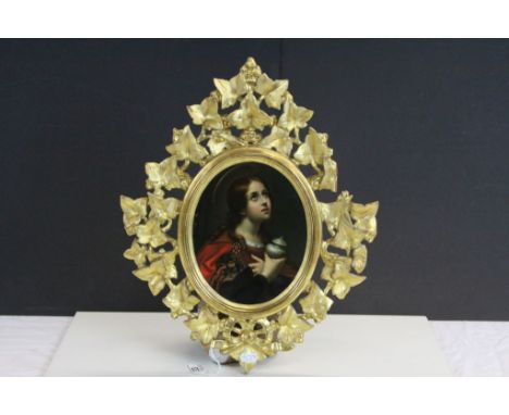 Antique oil painting portrait of a young angelic girl possibly Mary Magdelane holding lidded urn in a carved wooden leaf gilt