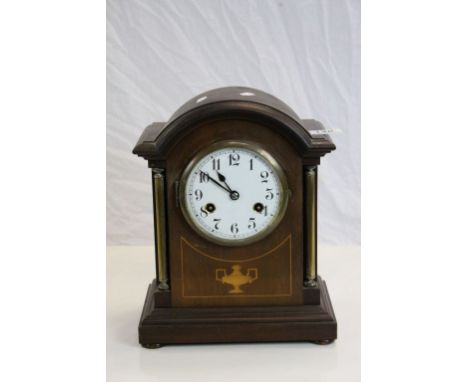 Edwardian Oak Mantle clock, key wind with Enamel Dial &amp; Marquetry inlay, measures approx 30 x 24 x 15.5cm