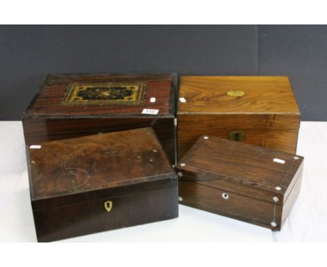 Four vintage Boxes to include Rosewood Jewellery box, Writing Slope &amp; Walnut veneer box with small collection of Costume 