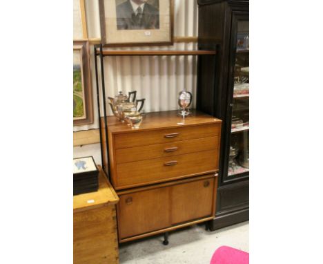 Retro 1970's Avalon Teak and Metal Modular Wall Units comprising Shelf above a Chest of Three Drawers above a Cupboard with T