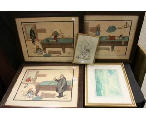 Three Early 20th century ' Tuss ' Billiard Room Humorous Prints, Oak Framed and Glazed  together with Two Other Prints