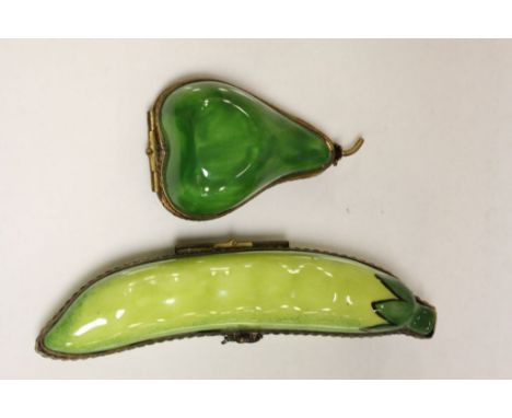 Two ceramic Trinket boxes with hinged Brass fittings, one designed as a Pea pod, the other a Pear