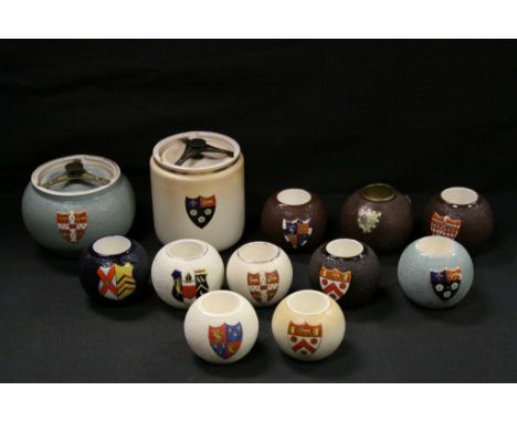 Collection of Early Carltonware Match Strikers and Two Tobacco Jars, all relating to Oxford and Cambridge Universities
