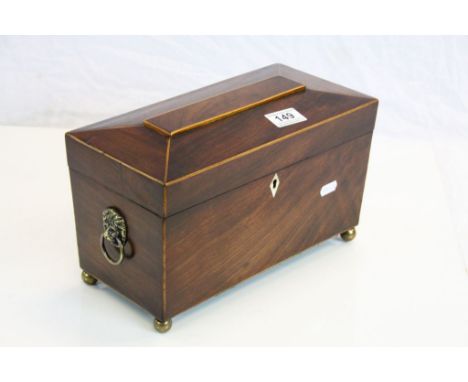 Fitted 19th Century Oak Sarcophagus style Tea Caddy with stringing, has two internal compartments and original Glass mixing b