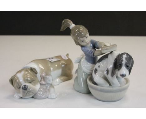 Lladro ceramic Bulldog with Kitten figurine &amp; another of a Girl giving a Dog a Bath