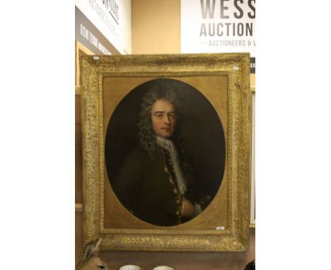 Large carved Gilt wooden framed Oil on canvas Portrait of an 18th Century Gentleman with oval inner surround, image approx 72
