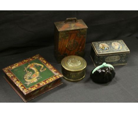 Three Early Advertising Biscuit Tins with a Ceramic Purse Money Box and a Brass Box