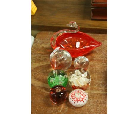 Six Glass Paperweights including Caithness ' Royal Mint ', Wedgwood Apple plus Glass Dish in the form of a Swan