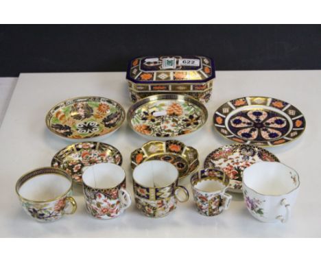 Collection of Royal Crown Derby Ceramics including Imari 1128 pattern Lidded Box, Tea Plate and Small Dish plus Cup &amp; Sau