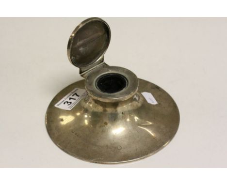 Hallmarked Silver Capstan Inkwell with hinged lid and Ceramic liner, approx 14.5cm diameter across the base