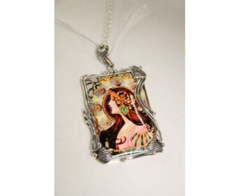 Silver and Enamel set Art Nouveau style pendant necklace 