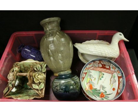 Mixed Lot of Ceramics and Glass including Royal Doulton Stoneware Vase (a/f), Studio Pottery Vase, Two Japanese Imari Plates 