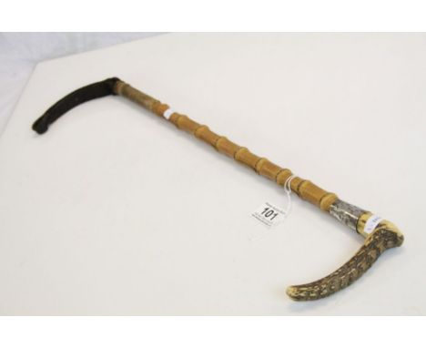 Vintage Bamboo riding Crop with Antler handle and Silver collar with inscription "D Beaumont 1926", approx 59cm long in total