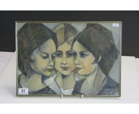M Wieland oil on board portrait of three girls signed and dated 63