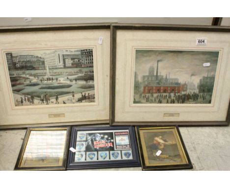 Pair of Framed and Glazed Lowry Prints together with Framed, Glazed and Mounted Iron Maiden Montage including Replica Plectru