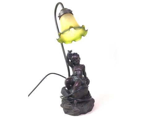 REPRODUCTION BRONZE EFFECT CHERUB FIGURE LAMP, with coloured glass shade47cm high overall