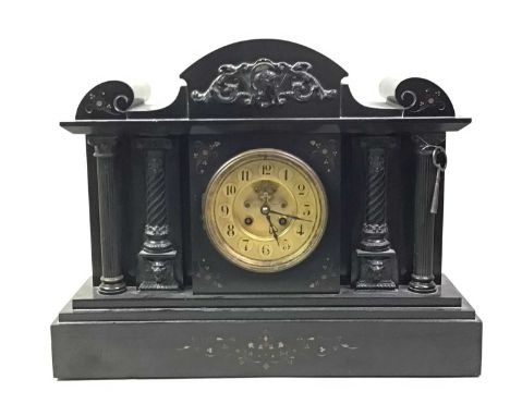 FRENCH BLACK SLATE MANTEL CLOCK, 19TH CENTURY  By Medaille De Bronze, with circular dial and Arabic numerals36cm high