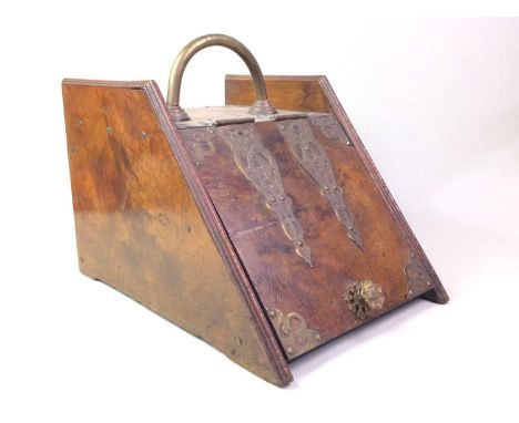 VICTORIAN BURR WALNUT COAL SCUTTLE, ALONG WITH A LEATHER TRAVEL TRUNK AND A MANTEL CLOCK the scuttle with brass handles33cm h