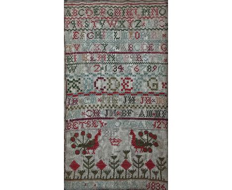WILLIAM IV SEWN SAMPLER, DATED 1836 in a mahogany frame47.5cm x29cm overall