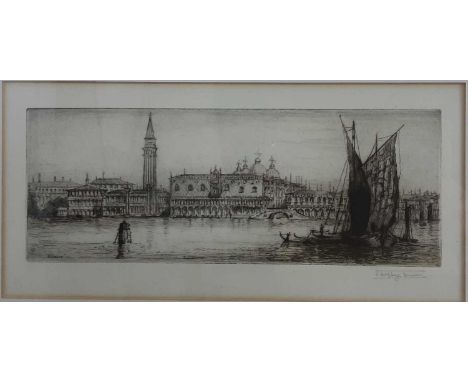 CONTEMPORARY SCHOOL, COASTAL VIEW AT SUNSET oil on canvas, along with a watercolour and an etching of Veniceeach framed74cm x