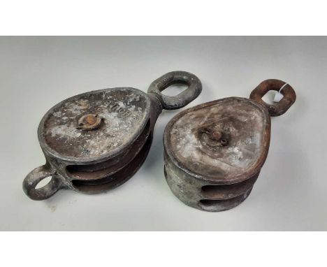 PAIR OF VINTAGE METAL BLOCK AND TACKLE, AND OTHER ITEMS including an industrial wall light and wooden light fitting