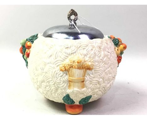 CLARICE CLIFF BISCUIT BARREL AND FRUIT BOWL, CELTIC HARVEST PATTERN along with a Maling Dahlia stemmed vase and a Royal Staff