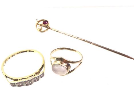 DIAMOND FIVE STONE RING, ALONG WITH A FURTHER RING AND STICK PIN the diamond ring platinum set with five small diamonds and m