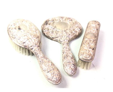 SILVER SIX PIECE VANITY SET, comprising mirrors, brush and a comb