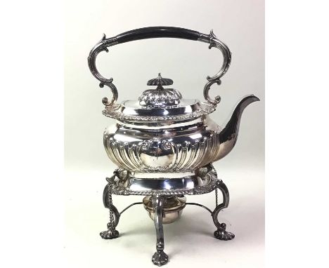 VICTORIAN SILVER PLATED SPIRIT KETTLE, ALONG WITH FURTHER SILVER PLATE comprising an epergne, salver, two trays and a bottle 